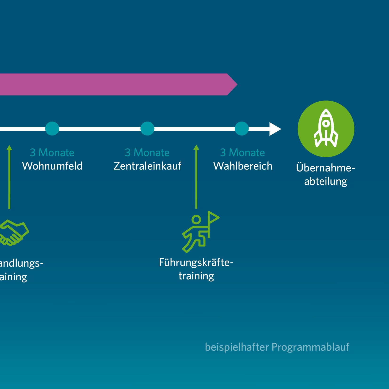 Zeitstrahl zeigt Trainee-Programm Zentraleinkauf mit verschiedenen Stationen.