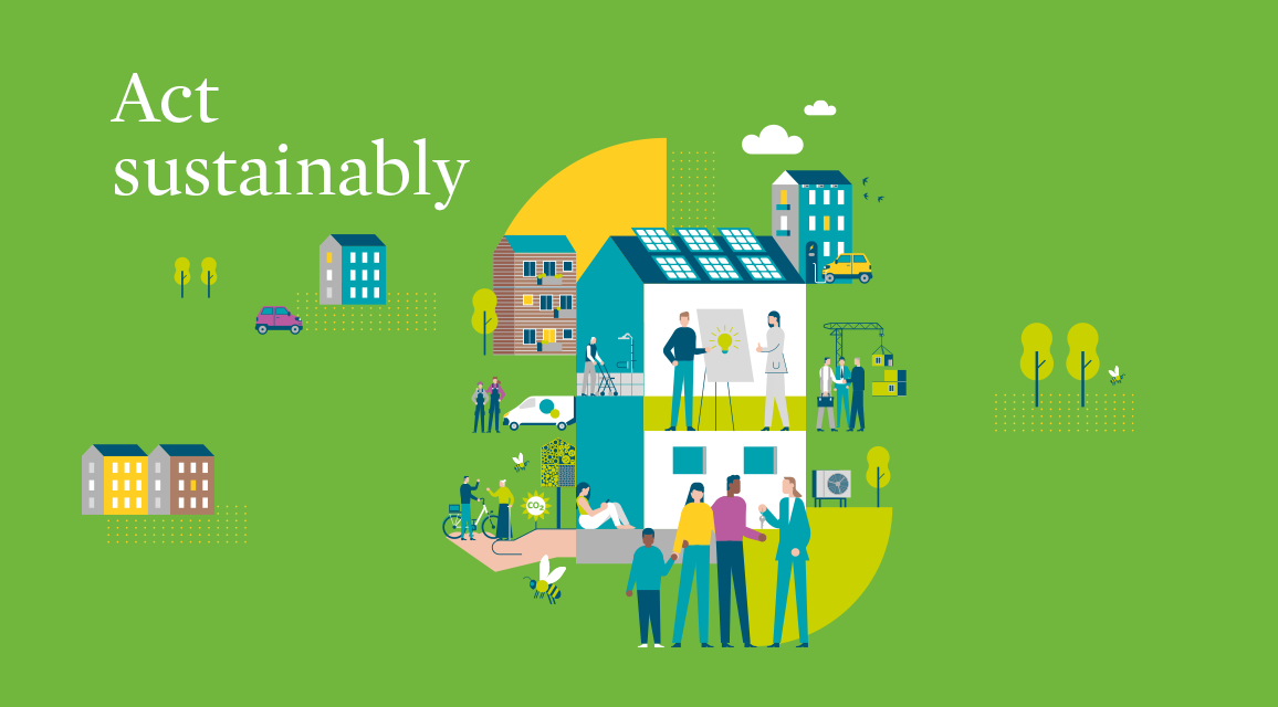 Illustration of human interactions in the city entitled Act sustainably.
