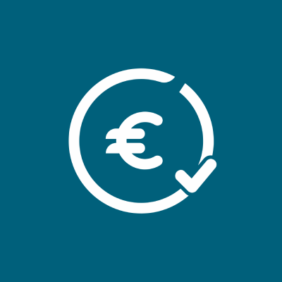 Weißes Eurosymbol mit Haken in einem Kreis, auf blauem Hintergrund.