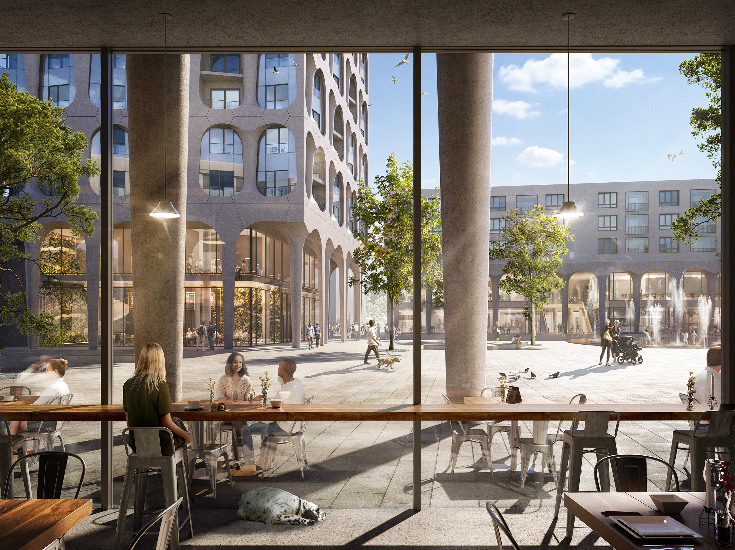 Standing in a café on the ground floor with people and seating, the visualisation shows the other buildings and people on the street.