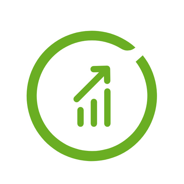Grünes Piktogramm, ungeschlossener Kreis mit Pfeil und aufsteigendem Balkendiagramm. Grünes Piktogramm, ungeschlossener Kreis mit Pfeil und aufsteigendem Balkendiagramm.
