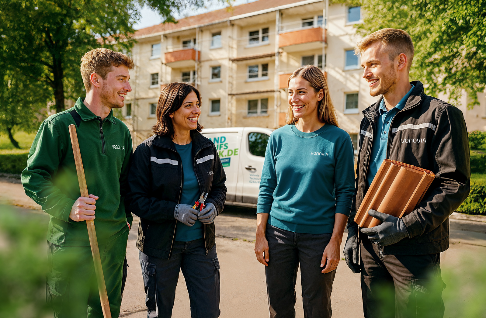 KI generiertes Bild von verschiedenen Mitarbeitern vor einem Wohnhaus im Grünen.