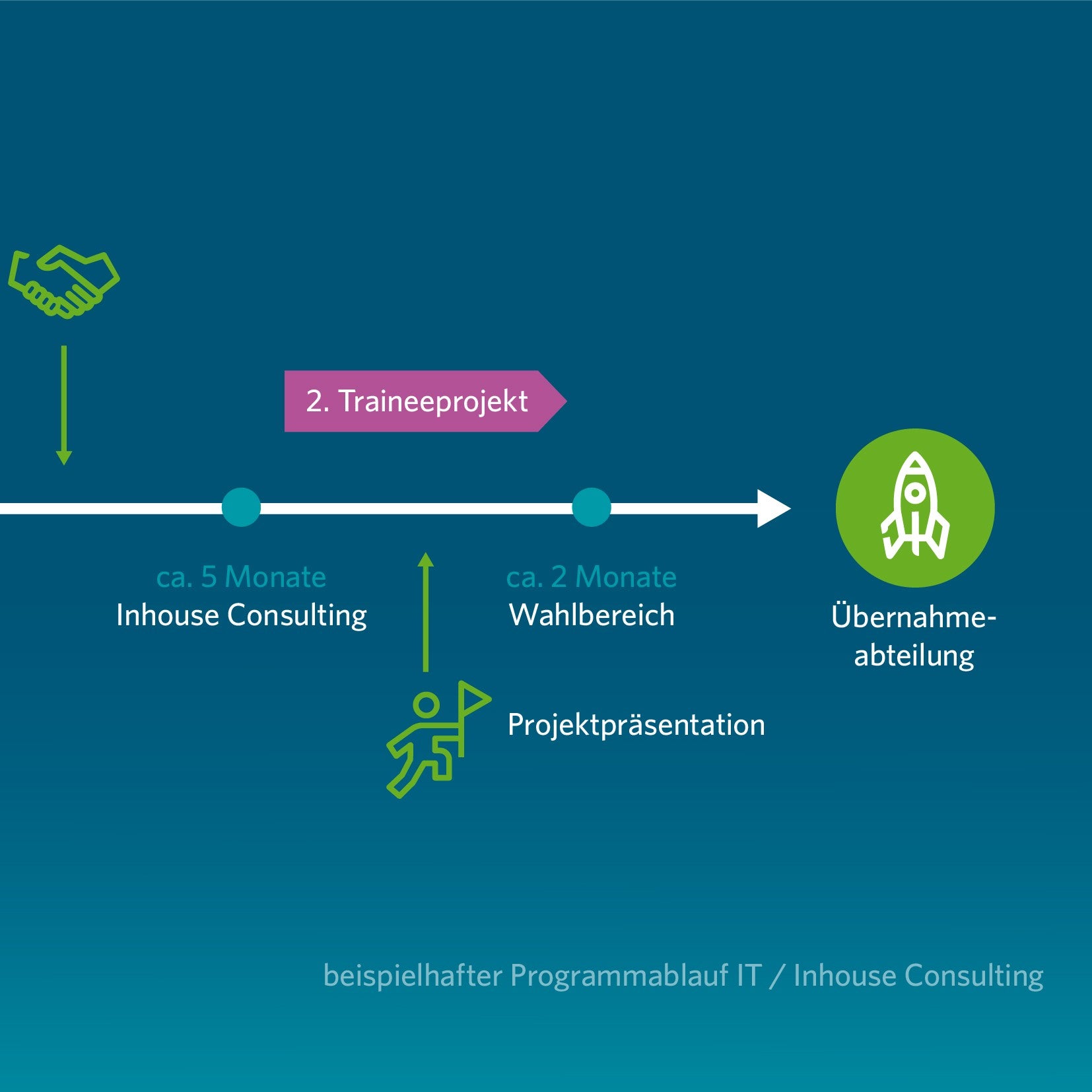 Ein Zeitstrahl veranschaulicht den beispielhaften Programmablauf im Bereich IT / Inhouse Consulting