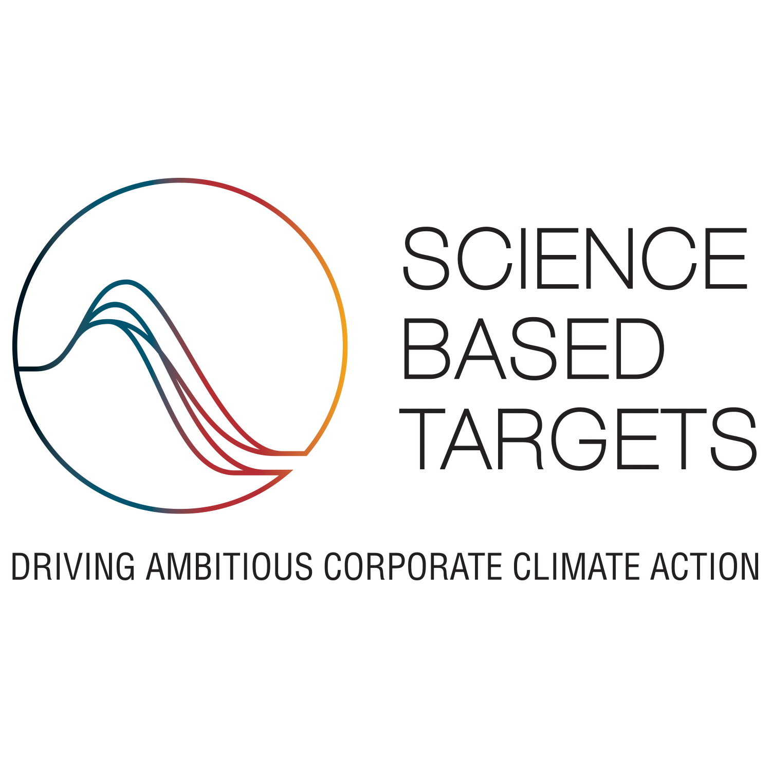 Logo mit geschwungenen Linien und Text: SCIENCE BASED TARGETS. DRIVING AMBITIOUS CORPORATE CLIMATE ACTION Logo mit geschwungenen Linien und Text: SCIENCE BASED TARGETS. DRIVING AMBITIOUS CORPORATE CLIMATE ACTION