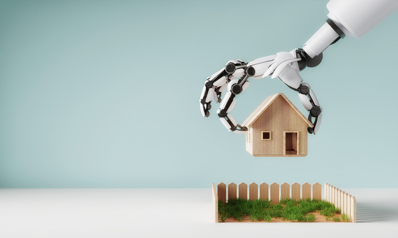 Eine Roboterhand platziert ein aus Holz gebasteltes, kleines Haus in einem, ebenfalls gebastelten, abgezäunten Garten.