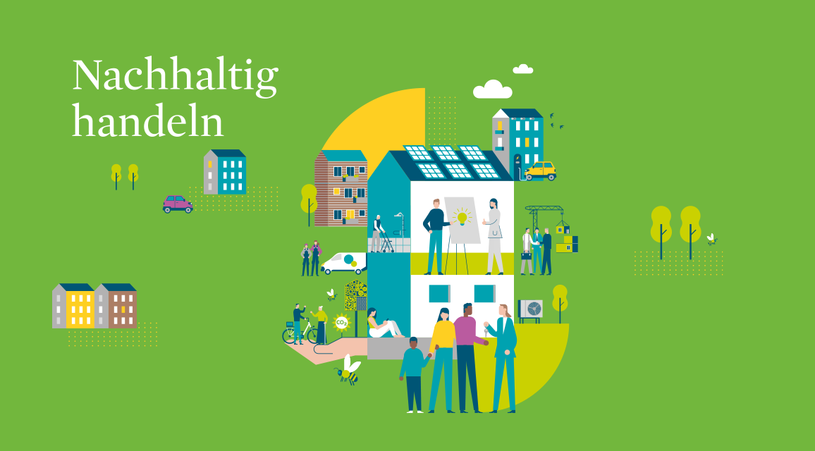 Illustration Menschen-Interaktionen in Stadt mit Titel Nachhaltig handeln.