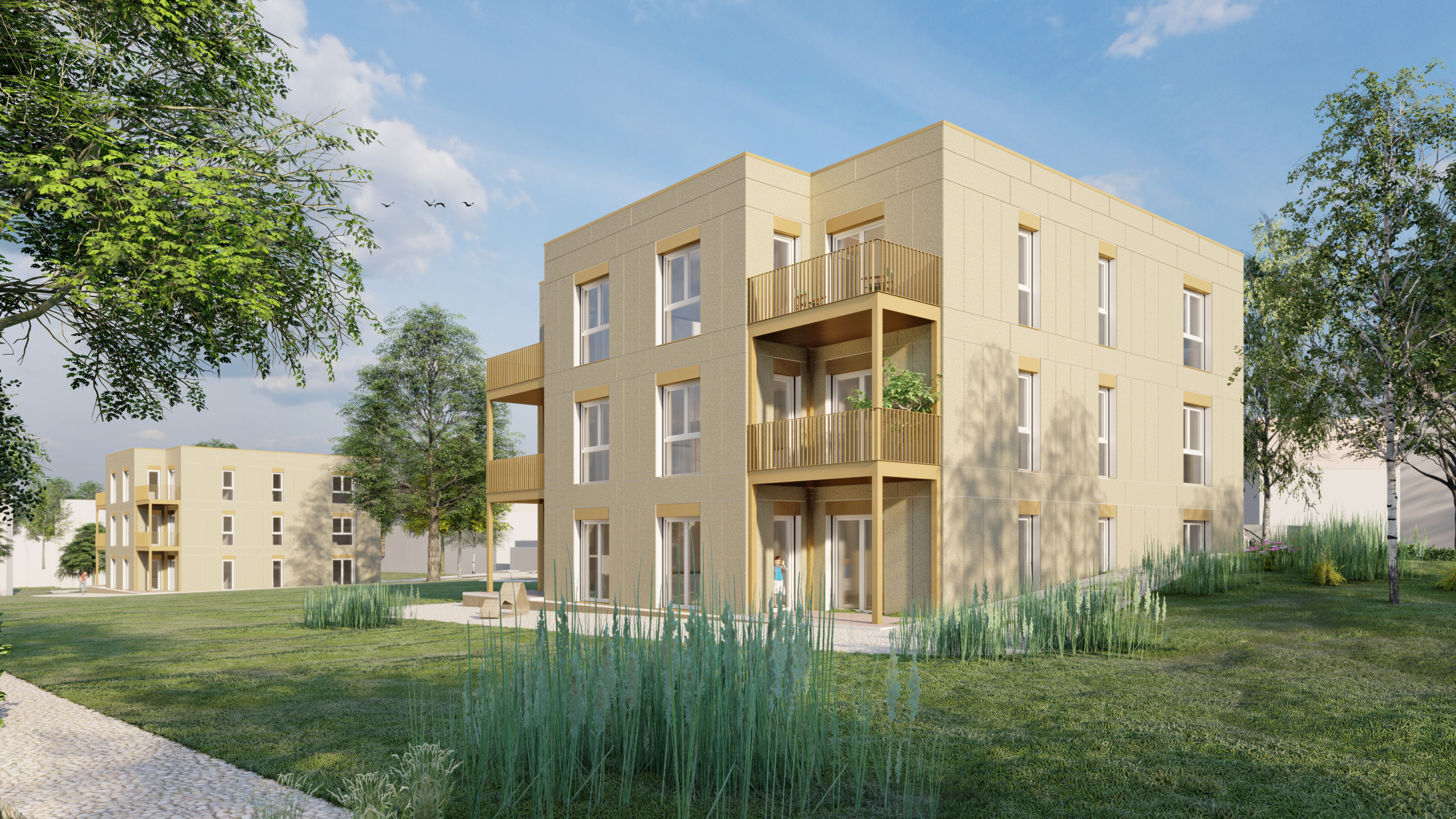 Visualisierung des Projekts Bärendorfer-Bögen in Bochum. Mit Blick von der Straße auf die Gebäude des Projekts.