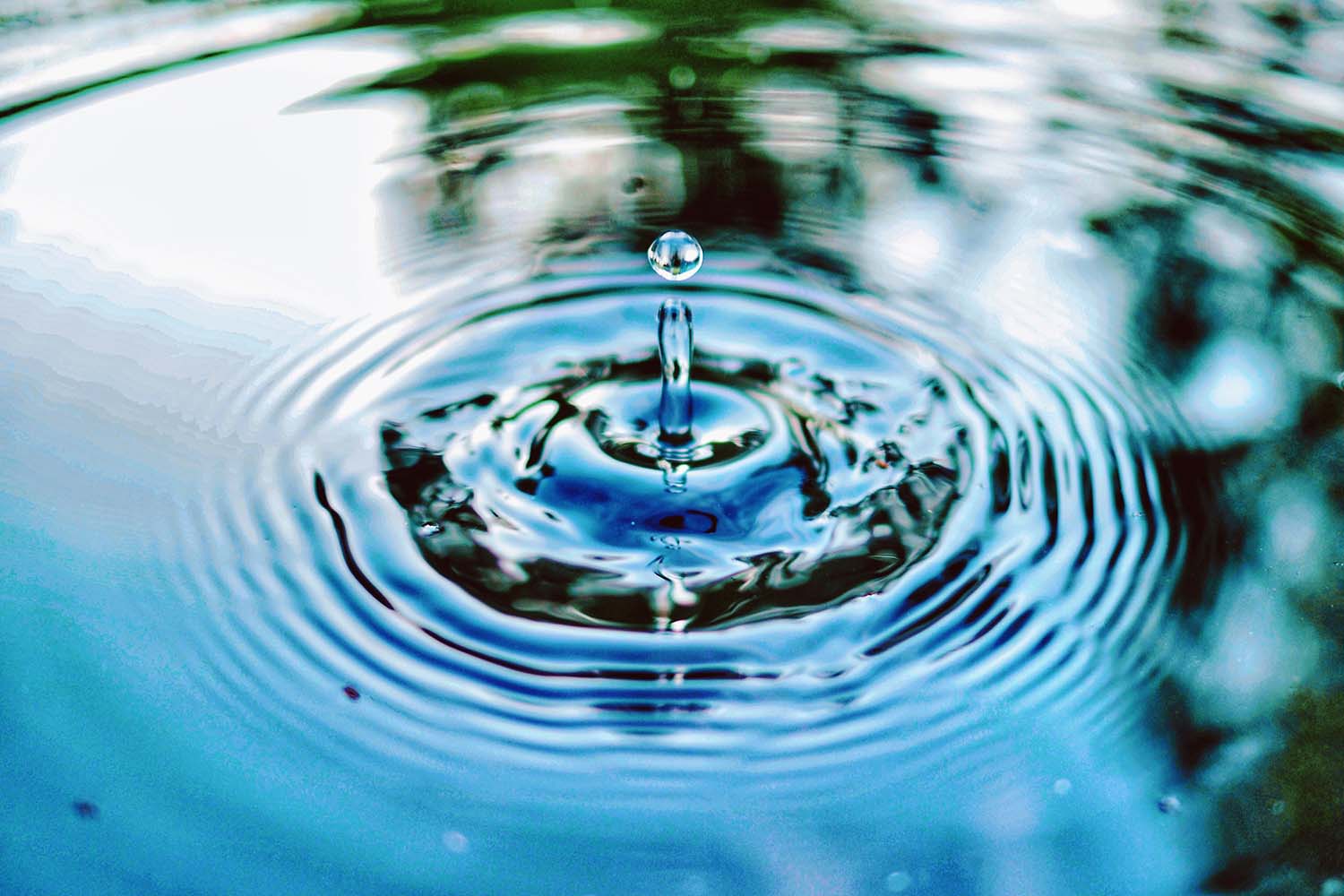 Wassertropfen fällt in ruhiges Wasser, erzeugt konzentrische Kreise.
