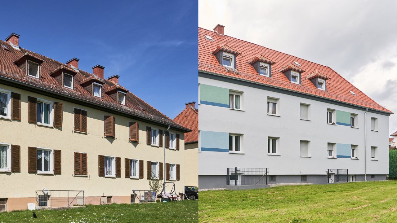Vorher- und Nachherbilder zeigen eine bereits von Vonovia durchgeführte Sanierungsmaßnahme in Villingen-Schwenningen (Baden-Württemberg).