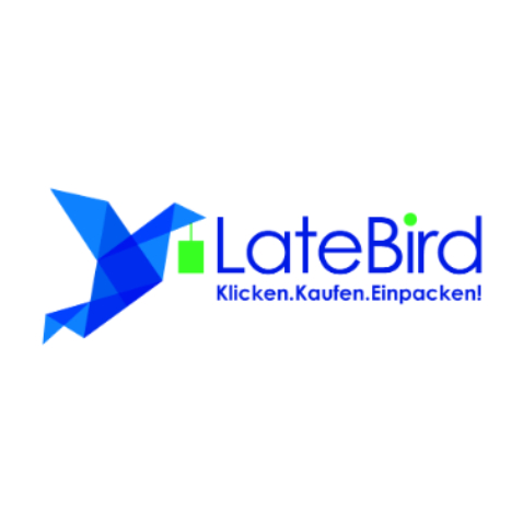 Logo Latebird. Blauer Vogel fliegt mit grünem Einkaufstaschen. Text: Klicken. Kaufen. Einpacken!