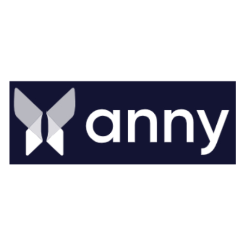 Stilisiertes Schmetterlings-Logo und Text anny auf dunkelblauem Hintergrund.